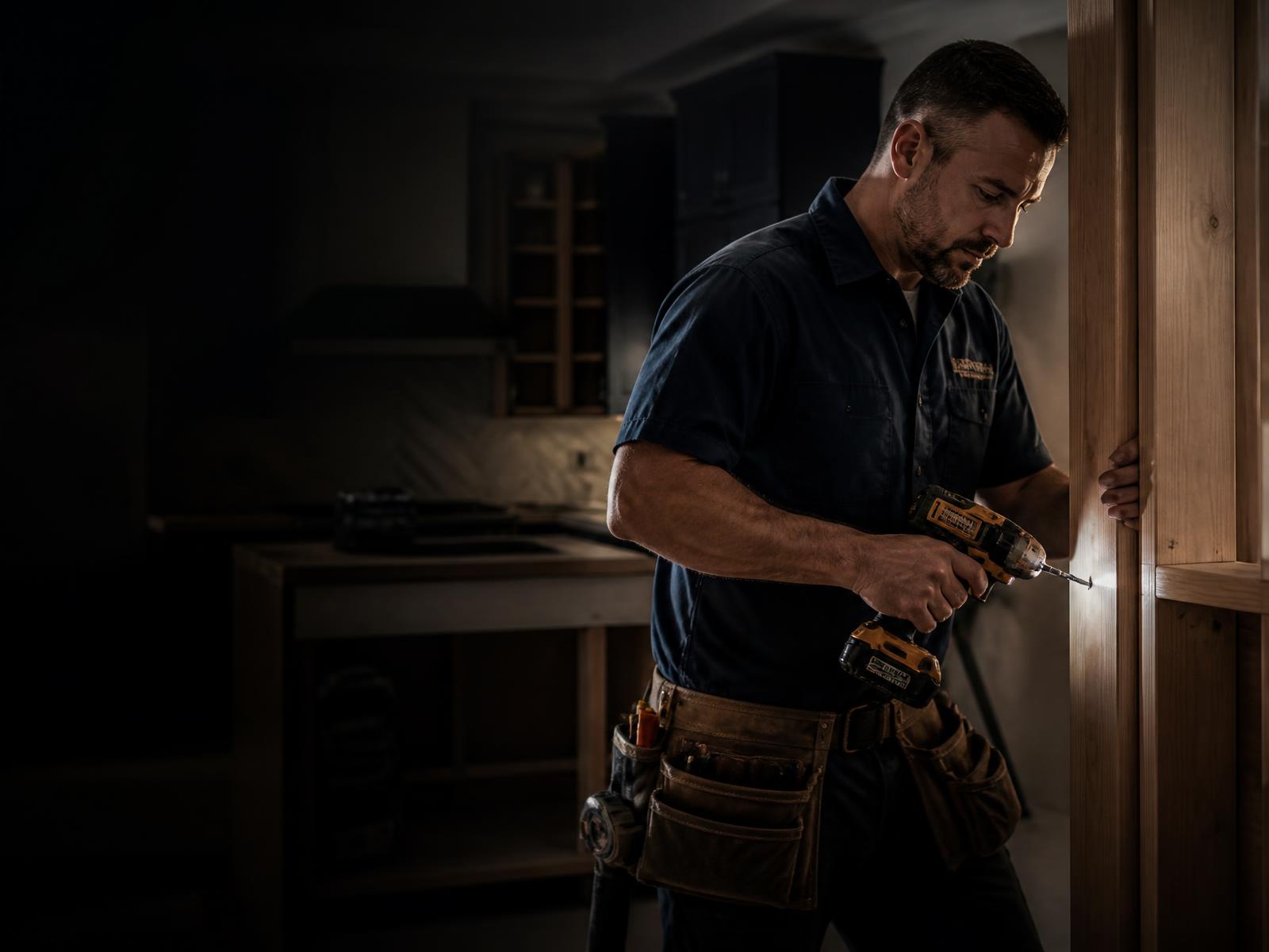 Home improvement contractor drilling into cabinetry during a kitchen renovation